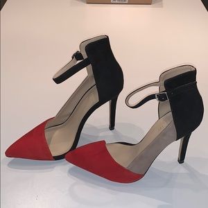 Zara Two-Tone Red and Black Pointed Toe Ankle Strap Heels